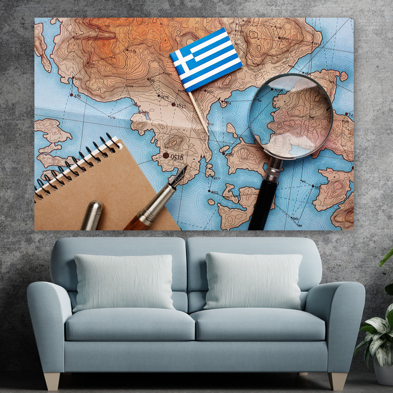 Πίνακας σε καμβά Χάρτης και Ελληνική Σημαία